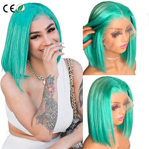 Peluca de Cabello Humano Virgen Remy con Frente de Encaje, Color Azul Cielo Aqua, Estilo Bob, 13x4, Transparente HD, para Mujeres, Cabello Liso Sedoso - Product Image 1