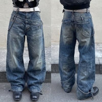 Jeans Baggy à Double Ceinture pour Hommes, Personnalisés, Destructurés, Délavés, à Jambes Larges, Effet Empilé, en Denim, Style Streetwear, Fabricants de Marques Privées