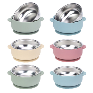Bol d'alimentation pour bébé en <span class=keywords><strong>silicone</strong></span> de qualité alimentaire à double anse, bols à ventouse pour bébé en acier inoxydable 304 avec <span class=keywords><strong>coque</strong></span> en <span class=keywords><strong>silicone</strong></span> amovible - Product Image 1