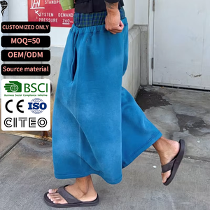Pantalon Capri en Coton Bleu pour Hommes, Taille Élastique, Décontracté, Respirant, avec Poches, OEM ODM Personnalisé - Product Image 1