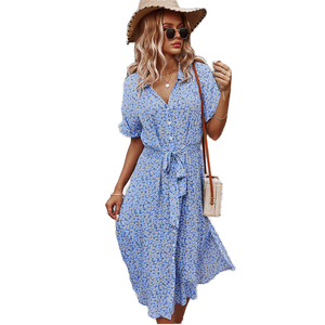Vente directe d'usine Robe mi-longue à ceinture à manches courtes à fleurs pour femmes Robe décontractée pour femmes - Product Image 3