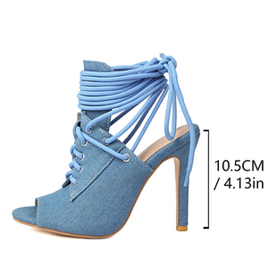 Sandales à talons aiguilles en jean pour femme, grande taille 48, à bout ouvert, à lacets sur le devant, avec découpe au dos, coupe large - Product Image 6