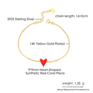 Pulsera de plata de ley 925 con corazón de amor, brazalete con abalorio de Coral rojo sintético, chapado en oro de 14K, precio bajo, venta al por mayor, HI065 - Product Image 6