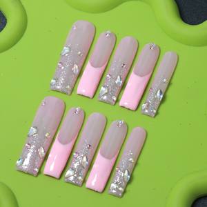 Uñas postizas de lujo acrílicas hechas a mano con diseño de estrellas y mariposas, puntas francesas, cobertura completa, estilo ataúd, cuadradas, al por mayor - Product Image 5
