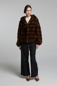 Manteau coupe-vent en vison acajou pour femmes avec capuche longueur régulière à capuche vison boléro manteau de <span class=keywords><strong>fourrure</strong></span> manches lanterne - Product Image 3