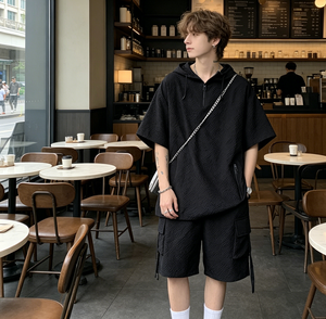 Conjunto de Dos Piezas para <span class=keywords><strong>Hombre</strong></span>, Estilo Americano, Verano 2026, Informal, Deportivo, Holgado, con Cierre, Camiseta de Manga Corta y Pantalones Cortos con Capucha - Product Image 3