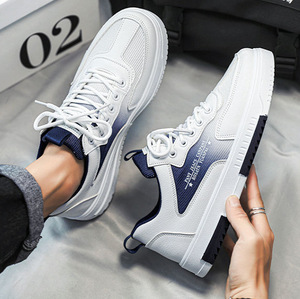 Sneakers Chunky Unisexe Blanc Bleu Maille Lacets Bout Rond Respirant Semelle Extérieure en Caoutchouc Chaussures de Marche Toutes Saisons - Product Image 1