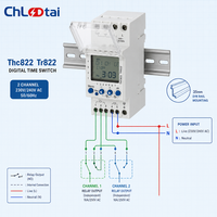 ChLotai THC822 Saklar Waktu Digital 2 Kanal 240V 16A Din Rail Timer Terprogram dengan Layar LCD untuk Lampu Jalan dan Pompa