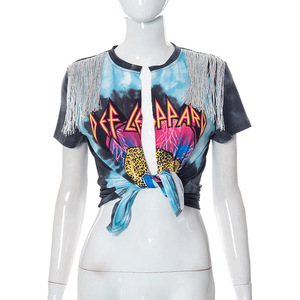 T-shirt con stampa grafica di alta qualità con nappe Hip Hop stampate da donna con <span class=keywords><strong>frange</strong></span> di strada Cardigan con stampa a manica corta t-shirt - Product Image 2