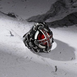 Bague Croix Gothique Européenne avec Rubis Sertis Pavé, Bijoux pour Hommes SA240 - Product Image 1