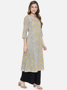 Robe ethnique pour femme en coton, coupe ample, longueur cheville, manches trois quarts, imprimé floral jaune, pour un usage décontracté - Product Image 3