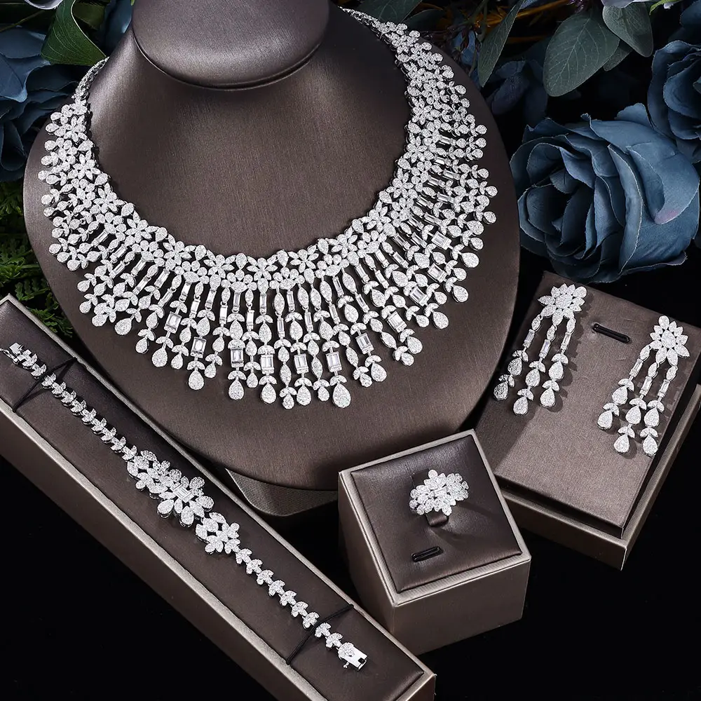 Perhiasan Wanita Mewah Bentuk Elegan Pengantin CZ Kalung Anting Gelang Cincin Set Perhiasan & M Set Perhiasan Pernikahan Besar untuk Pengantin
