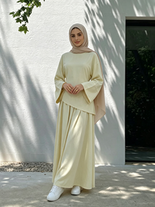 Conjuntos Modestos Islámicos Personalizados de Dos Piezas, Top de Manga Larga con Dobladillo Irregular y Falda Maxi a Juego, Traje Abaya de Moda Diaria para Mujer (01313) - Product Image 4