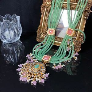 Parure de bijoux vertes pour femme, style indien traditionnel, collier Kundan, perles longues de Tahiti, style bohème, Punjabi - Product Image 3