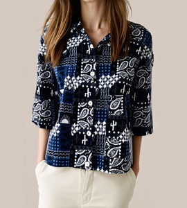 Custom Logo Casual Women's Regular Fit Patchwork Bandana <b>Paisley</b> Print Skew Collar Three Quarter Sleeve Cotton Summer <b>Shirt</b> - Product Image 4