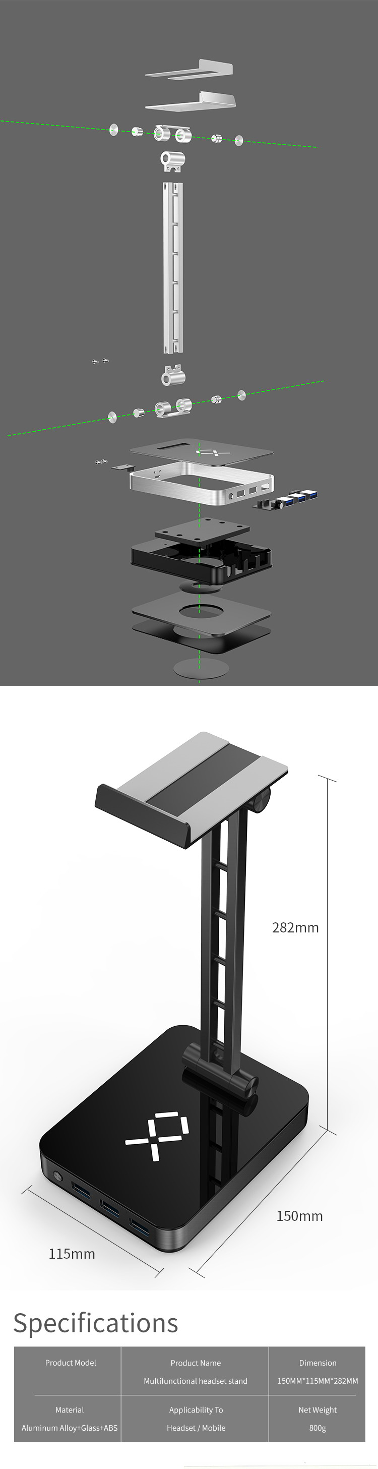 Headset Stand With RGB lights With 3 Ports Hub Headphone Holder Earphone Hanger Accessories for Desktop Gamer