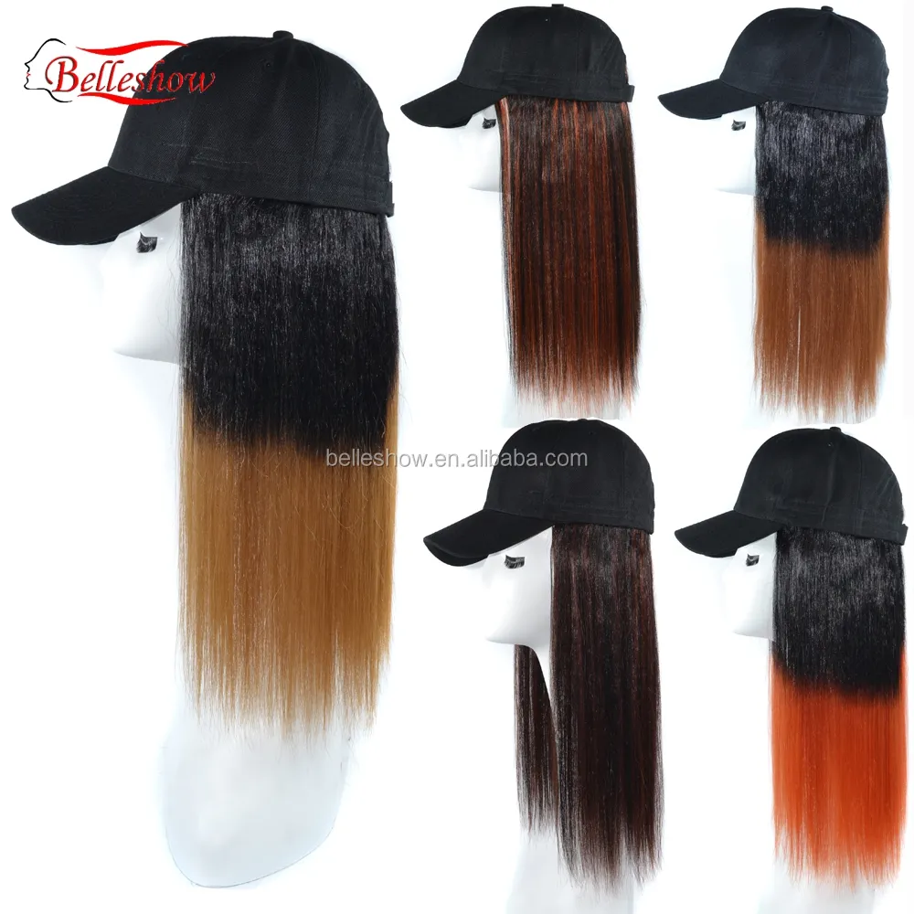 Peruca de cabelo liso, venda quente de peruca barata, preta, longa, reta, multicolorida, opcional, boné de beisebol, trança longa