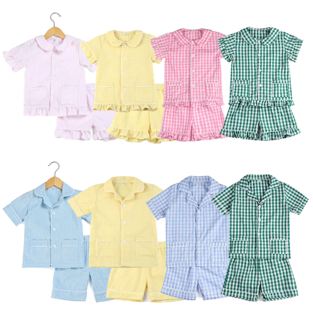 Ready to ship girls pajamas gingham ruffled short pyjama sets summer cotton sibling matching NO MOQ boy pajama kids