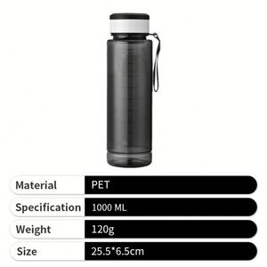 ขวดน้ำใสปราศจากสาร BPA พิมพ์โลโก้ได้ ขนาดใหญ่ 1000 มล. สีดำ พลาสติก PET โปร่งใส ขวดน้ำสำหรับออกกำลังกายและเล่นกีฬา - Product Image 4