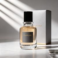 Flacon de parfum en verre transparent à base épaisse avec bouchon en plastique, étiquette autocollante dorée personnalisée, flacon de parfum avec boîte cadeau