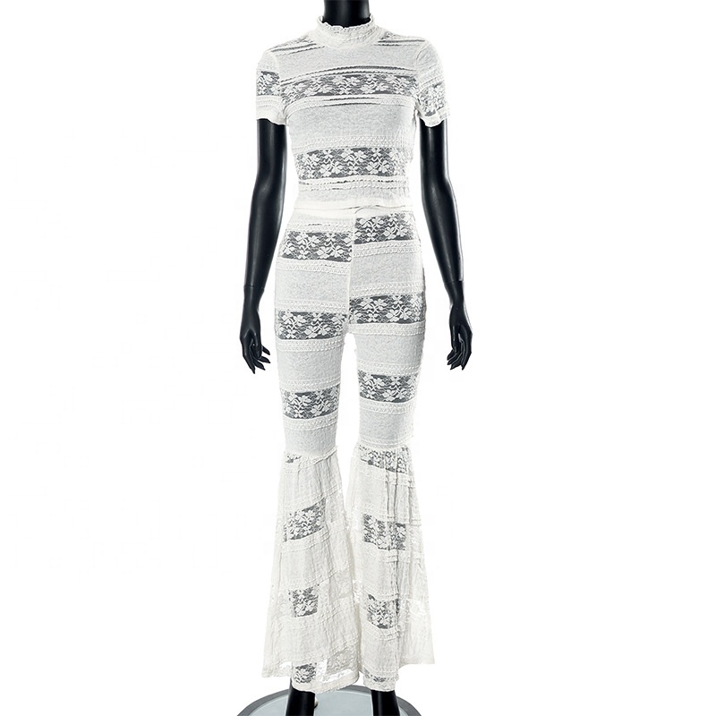 パンツ Japan limited item bell bottoms ZHEZHE Fashion All White Sexy Lace Bell Bottom Pants Set
