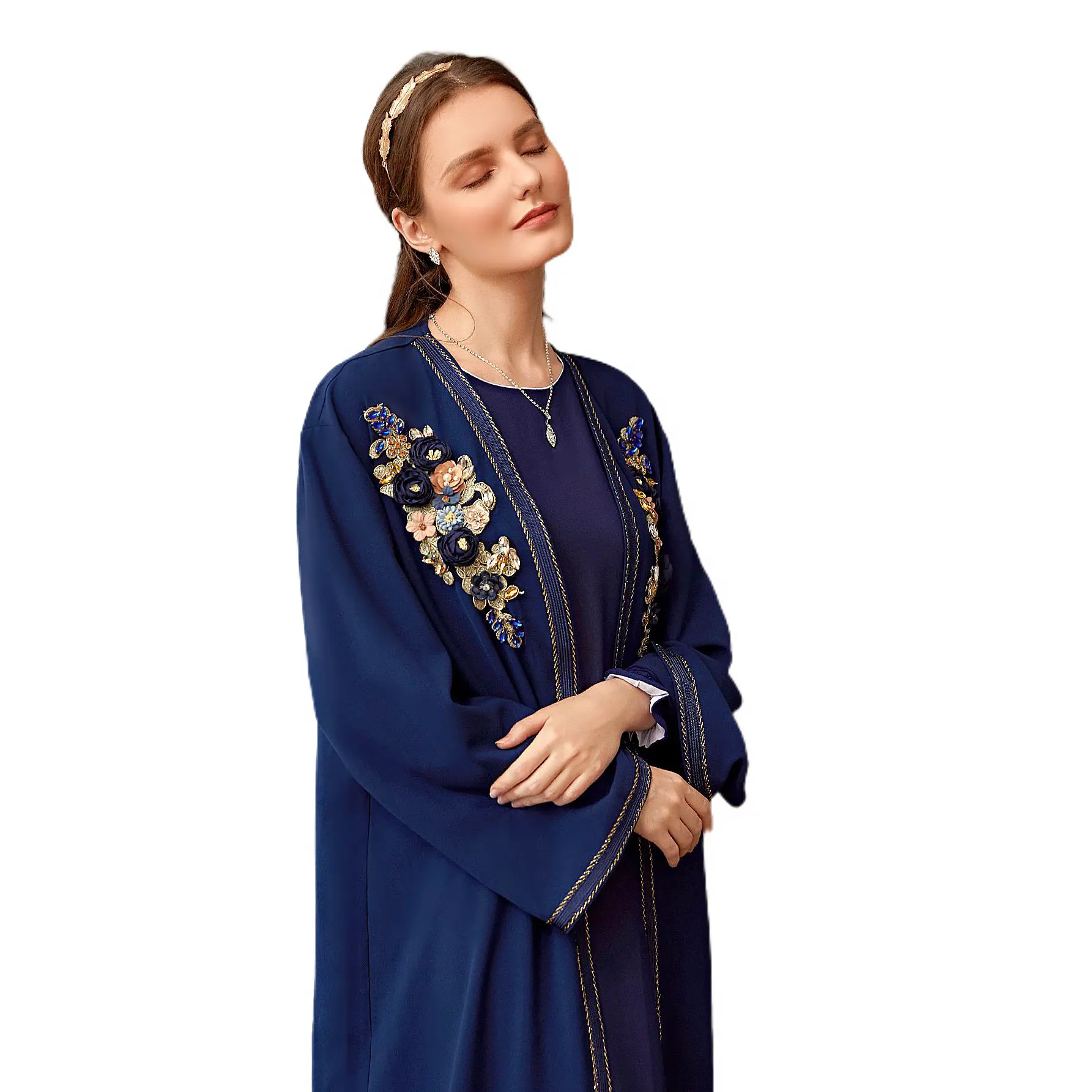 Roupa feminina bordada de flores 3d, alta qualidade, kimono, abaya, dubai, turquia, árabe, azul marinho