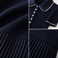 Robe Midi Femme Bleu Marine Côtelée Col Polo Jupe Plissée Manche Courte Bord Contrasté Bureau OEM ODM Grossiste Usine Custom B2B
