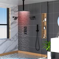 Ensemble de robinetterie de douche thermostatique Honajo à 3 poignées, pomme de douche carrée LED de 12 pouces, double jet complet de 6 pouces, finition noir mat, laiton
