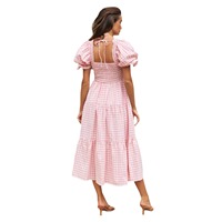 Printemps été dames Plaid Bubble Sleeve col carré plage vacances robe mi-longue