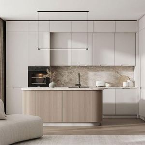 Gabinetes de cocina de madera contrachapada de color madera natural de estilo europeo acabado de melamina encimera de acero inoxidable para comedor centro comercial para Villa - Product Image 1