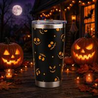 Mug Kopi Stainless Steel Dinding Ganda 20 oz 20oz dengan Logo Kustom Halloween, Tumbler Berlapis Bubuk, Mug Perjalanan Termal dengan Tutup