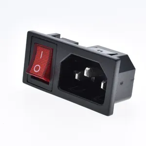 IEC320 C14电源插座，带翘板开关红色指示灯3针公电源电源卡扣插孔连接器