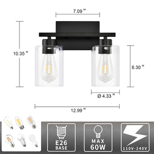 Clear Glass <strong>Shades</strong> Black Wall <strong>Lamp</strong> 2 Lights Hotel <strong>Bathroom</strong> Vanity Light Black <strong>Bathroom</strong> Light Fixture Over the Mirror - Product Image 2