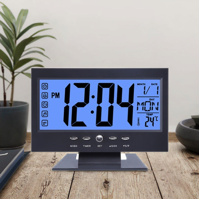 Digital Big Digits Electronic LCD Voice Control Desk Alarm Clock with Backlight Temperature Snooze Office Bedroom Living Room