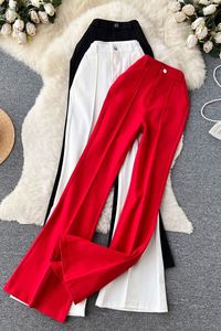 Pantalon long décontracté drapé en polyester/coton respirant pour femme, taille haute, couleur unie, coupe évasée, vente en gros - Product Image 6