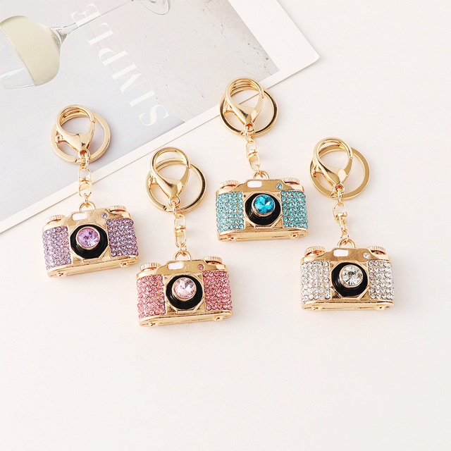Trendy Accessory Colorful Crystal Camera Charm Keychain Rhinestone 3D Camera Shaped Key Chain for Women