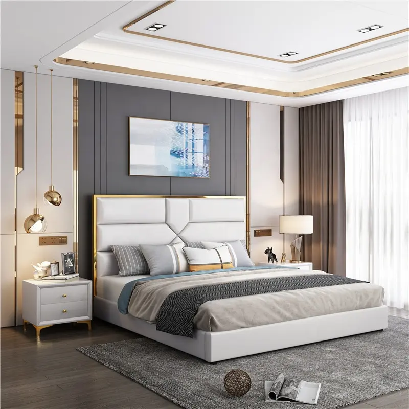 Eropa Royal Kamar Tidur Ukuran Raja Furniture Tinggi Kepala Lift Penyimpanan Tempat Tidur Berlapis Kulit Putih Tempat Tidur
