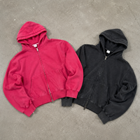 Sweat-shirt à capuche double zippé vintage délavé personnalisé avec logo, en coton épais, coupe ample, style streetwear pour homme
