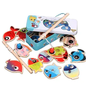 Hot seller Wooden toy Kids Magnetic Fishing Game 14 Sweet little fish