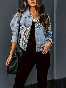 Veste en jean léopard grande taille Y2K pour femme, col boutonné, simple boutonnage, manteau en jean décontracté pour la rue - Product Image 2