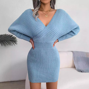 Hot Sale Fashion Women's Sexy Cross V-Neck Bat <b>Sweater</b> Dresses Fashion - Product Image 2