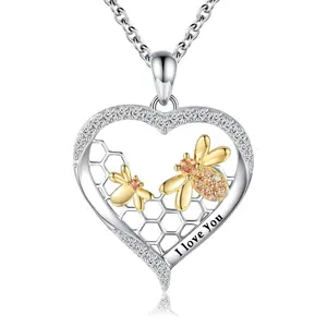 纯银蜂蜜大黄蜂项链与蜂窝状爱心母亲女儿蜜蜂吊坠项链珠宝