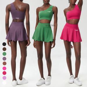 Bra Tank top olahraga Golf wanita, 2 buah pakaian latihan tanpa kelim bahu tenis atletik cepat kering Satu bahu Set rok - Product Image 1