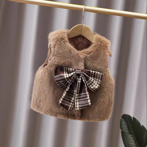 Chaleco Acolchado Cálido y Peludo para Bebé Niña, Lindo Diseño a Cuadros con Lazo, Ropa Exterior para Niños, Estilo Cómodo - Product Image 3
