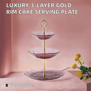 Assiette de service pour gâteau de mariage et de fête, en verre moderne classique à 3 couches avec bord doré, personnalisable, de luxe, écologique, pour desserts - Product Image 2
