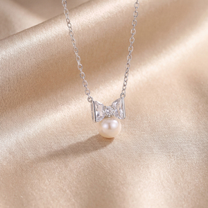 Collar de Perlas de Agua Dulce de Plata S925 con Colgante de Lazo de Circonita Cúbica, Joyería Dulce y Elegante, Regalo para Mujeres y Niñas - Product Image 3