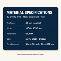 Film BOPET noir mat imprimable 50μm (B403D) - Film de base SGS RoHS et sans halogène pour sérigraphie et ruban magnétique