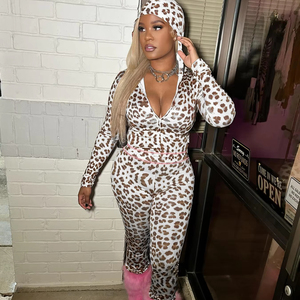 Biểu Tượng Tùy Chỉnh Hot Cô Gái Leopard In Dài Tay Áo Trùm Mũ Trùm Thần-Mảnh Phù Hợp Với Giản Dị Chất Lượng Cao Dệt Cotton Spandex Skinny Cho Mùa Xuân - Product Image 3