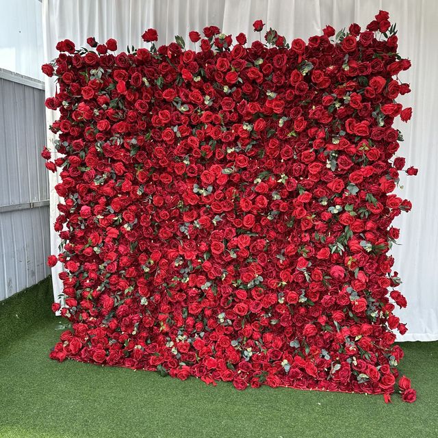 Wedding Photography 3D 5D Red Flower Wall Backdrop 8x8 Ft Roll up Silk & Cloth Eco-Friendly Handcrafted Lifelike Green Leaves