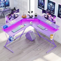 Table de jeu d'angle double couche au design moderne Bureau d'ordinateur de jeu violet en forme de L en fibre de carbone avec lumières LED